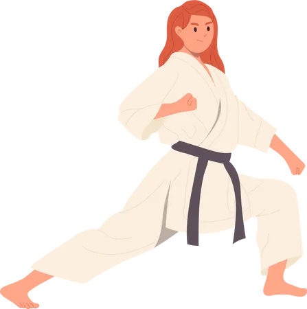 Mujer maestra de karate vistiendo kimono practicando técnica de combate  Ilustración