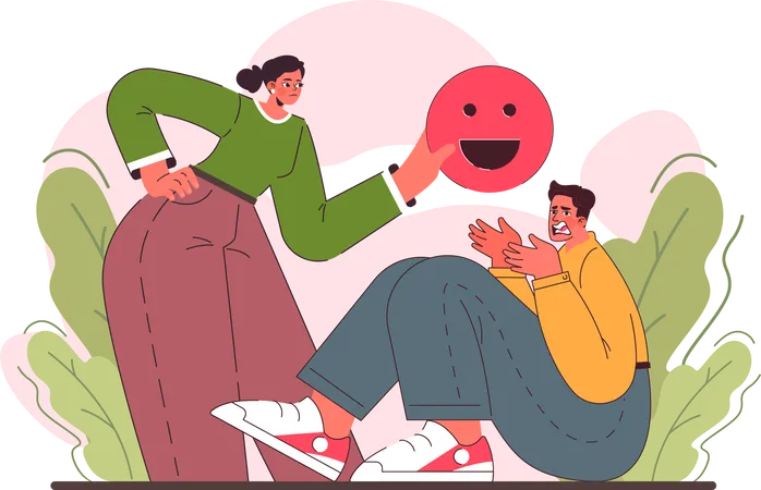 Mujer manipulando emociones de hombre confundido  Ilustración