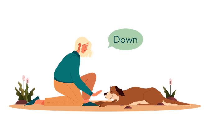 Mujer manteniendo al perro abajo usando el comando  Ilustración