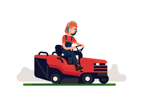 Mujer manteniendo jardín con tractor compacto  Ilustración