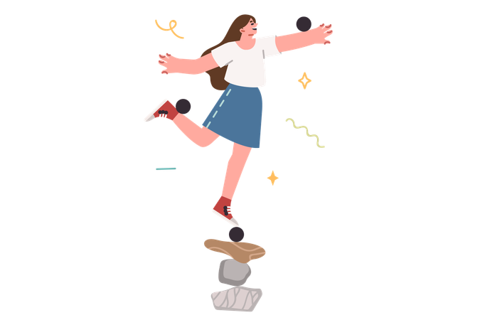 La mujer mantiene el equilibrio y el equilibrio y se para sobre una pirámide de piedras.  Ilustración