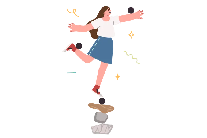 La mujer mantiene el equilibrio y el equilibrio y se para sobre una pirámide de piedras.  Ilustración