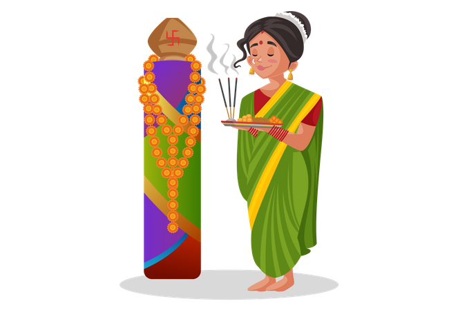 Mujer marathi haciendo adoración con Puja thali  Ilustración
