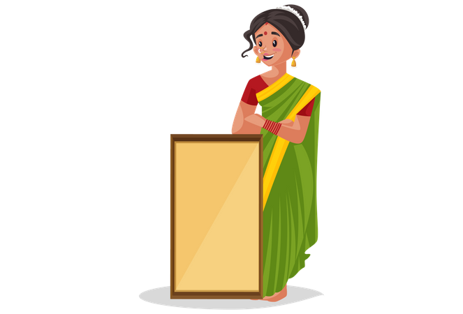Mujer india marathi sosteniendo un tablero publicitario vacío  Ilustración