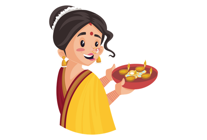 Mujer india marathi sostiene el plato Diya en la mano  Ilustración