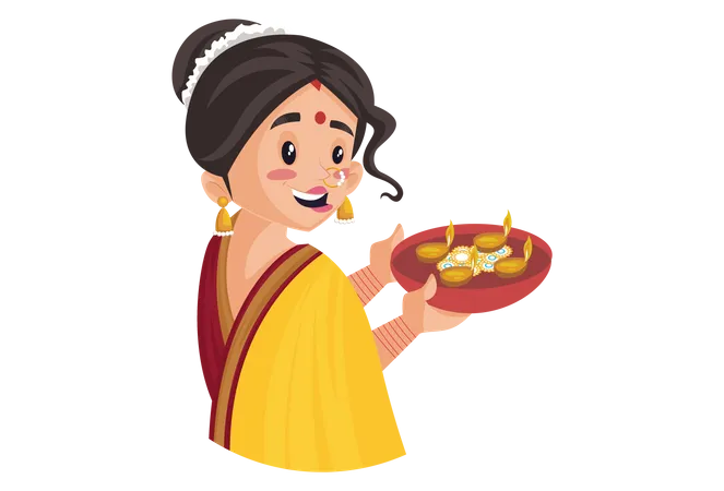 Mujer india marathi sostiene el plato Diya en la mano  Ilustración