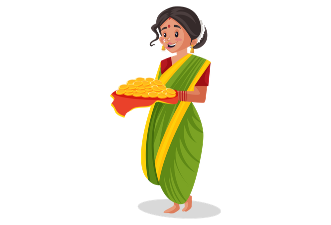Mujer india marathi sostiene un plato de monedas de oro en las manos  Ilustración