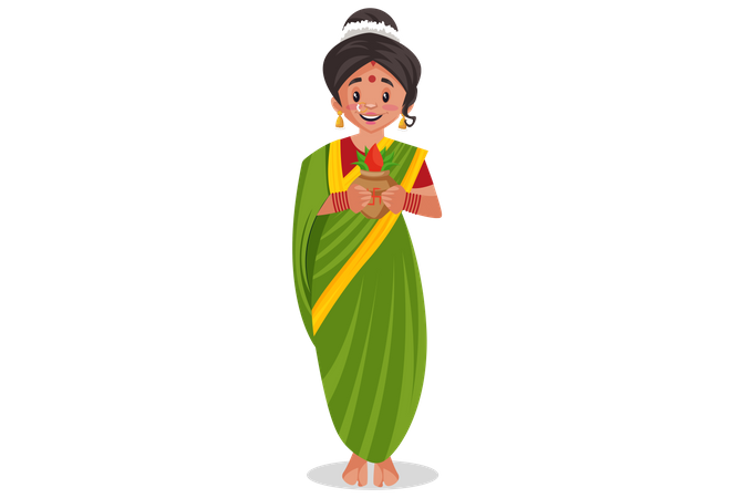Mujer india marathi sostiene un jarrón de adoración en las manos  Ilustración
