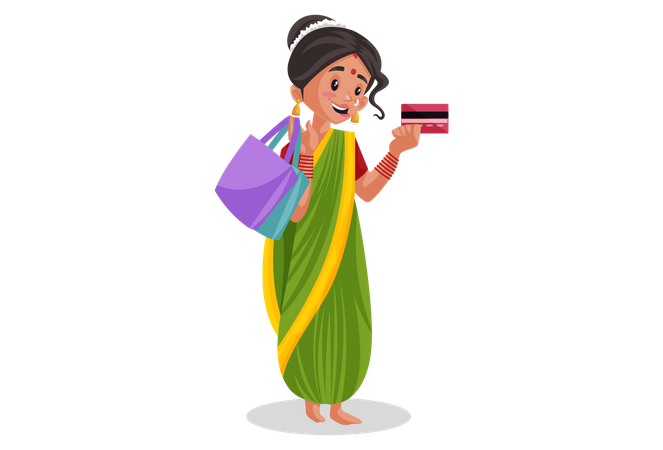Una mujer india marathi sostiene una tarjeta de cajero automático y bolsas de compras en la mano  Ilustración