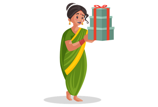 La mujer india marathi tiene regalos en las manos  Ilustración