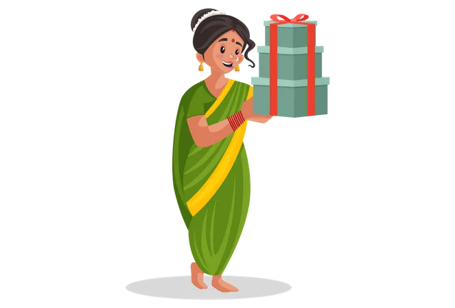 La mujer india marathi tiene regalos en las manos  Ilustración