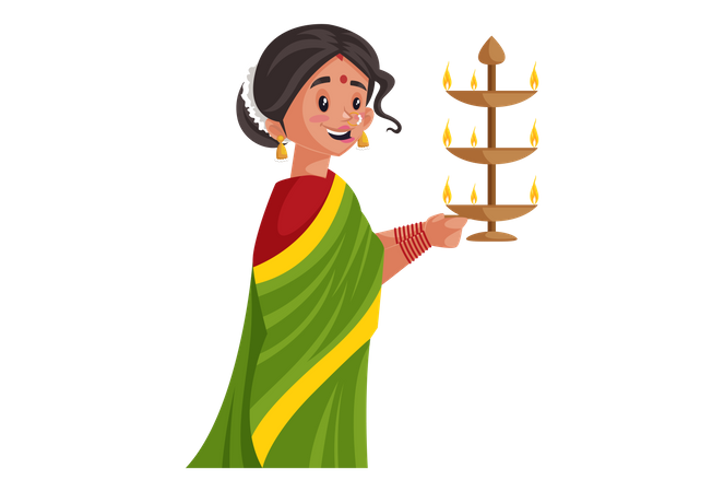 Mujer marathi sostiene una lámpara aarti de latón en sus manos  Ilustración