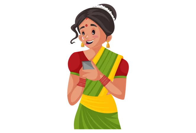 Mujer marathi usando teléfono inteligente  Ilustración