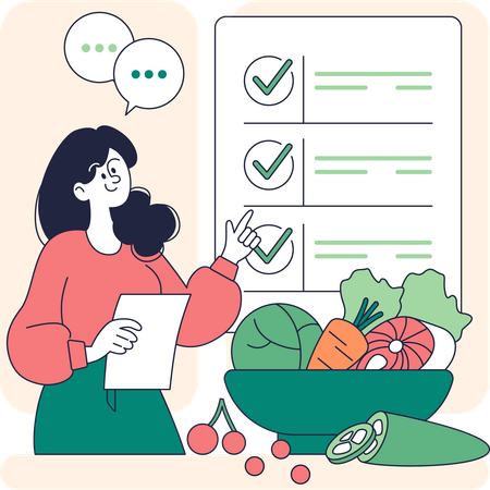 Mujer marca su dieta nutricional  Ilustración