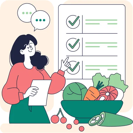 Mujer marca su dieta nutricional  Ilustración