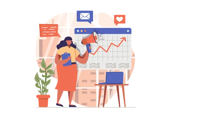 Mujer marketing online para aumentar las ventas.  Illustration