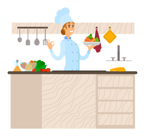 Masterchef femenina cocinando comida en el restaurante  Ilustración
