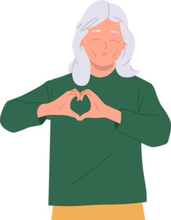 Mujer mayor amable y sonriente haciendo un gesto de amor con las manos juntas en forma de corazón  Ilustración