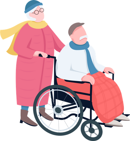 Mujer mayor caminando con su viejo marido  Ilustración