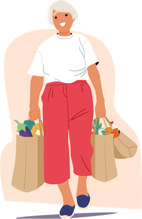 Mujer mayor caminando con compras de comestibles en bolsas de papel  Ilustración