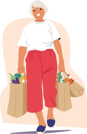 Mujer mayor caminando con compras de comestibles en bolsas de papel  Ilustración