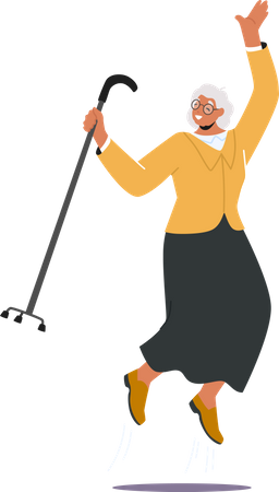 Mujer mayor celebrando y saltando en el aire  Ilustración