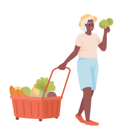 Mujer mayor con carrito de supermercado  Ilustración
