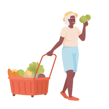Mujer mayor con carrito de supermercado  Ilustración