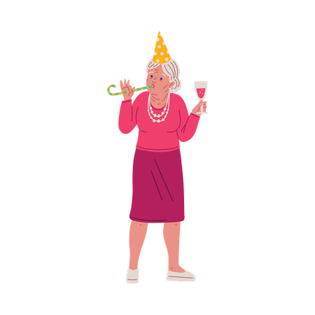 Mujer mayor con sombrero de fiesta y copa de vino  Ilustración