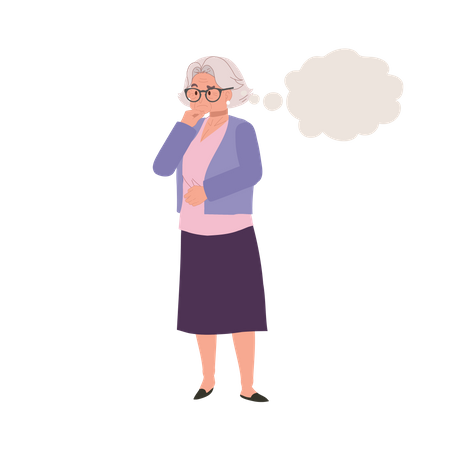 Mujer mayor contemplando con burbuja de pensamiento  Ilustración