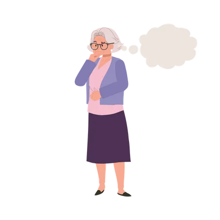 Mujer mayor contemplando con burbuja de pensamiento  Ilustración