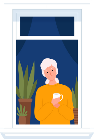 Mujer mayor parada en la ventana y tomando café  Ilustración