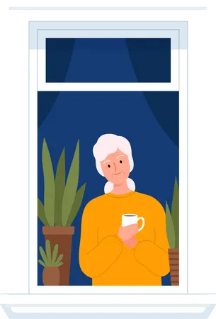 Mujer mayor parada en la ventana y tomando café  Ilustración