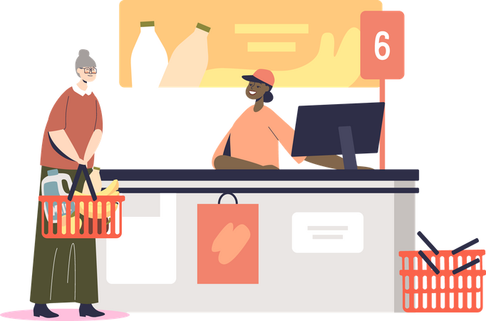 Mujer mayor en el supermercado pagando y comprando comestibles  Ilustración