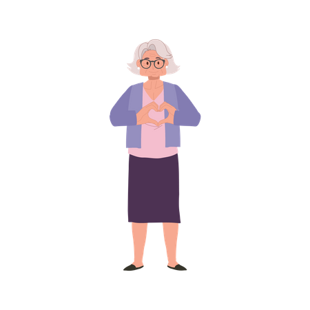 Mujer mayor haciendo signo de mano gesto de corazón  Ilustración