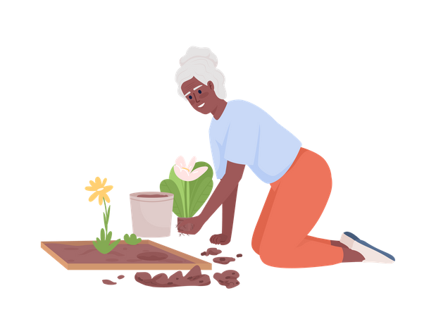 Mujer mayor plantando flores en el patio delantero  Ilustración