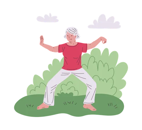 Mujer mayor practicando gimnasia china de tai chi  Ilustración