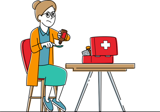Mujer mayor sentada en casa con drogas con caja de medicamentos en la mesa  Ilustración