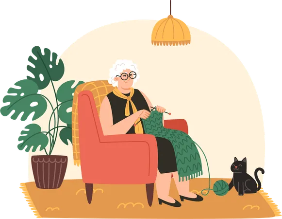 Una mujer mayor se sienta en un sillón y teje una bufanda en una habitación acogedora  Ilustración