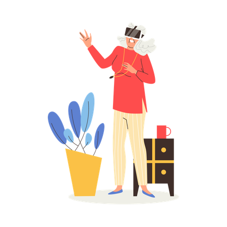 Mujer mayor usando gafas de realidad virtual  Ilustración