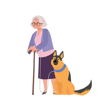 Mujer mayor y su leal pastor alemán disfrutando de la convivencia al aire libre  Ilustración