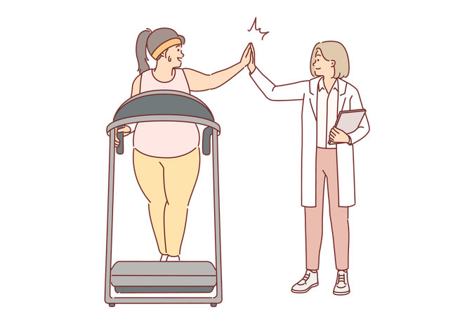 Una doctora de fitness monitorea el progreso de una mujer de gran tamaño haciendo ejercicio en cinta rodante en el gimnasio  Ilustración