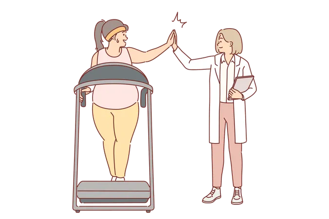 Una doctora de fitness monitorea el progreso de una mujer de gran tamaño haciendo ejercicio en cinta rodante en el gimnasio  Ilustración
