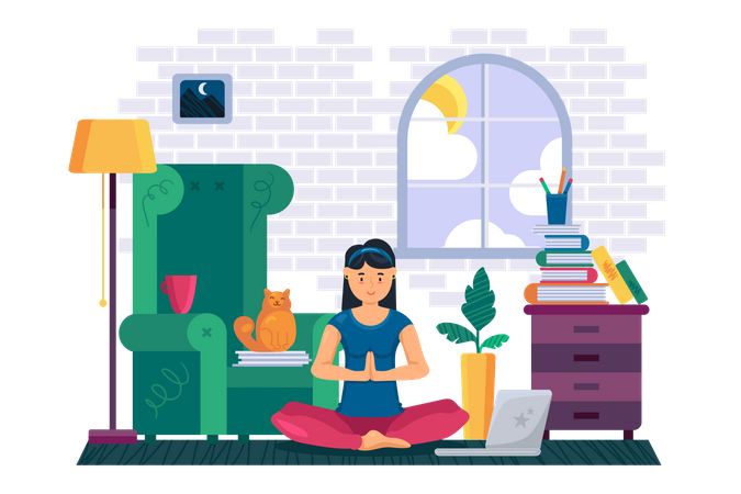 Mujer meditando en casa  Ilustración