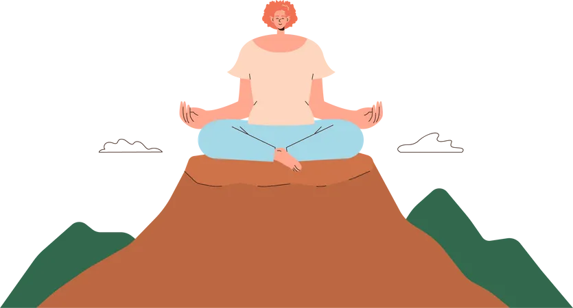 Mujer meditando en postura de loto y respirando en la cima de la montaña  Ilustración