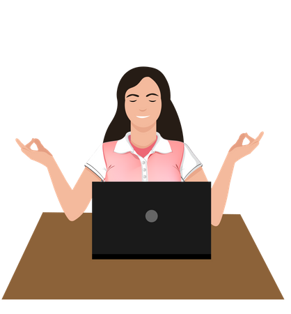 Mujer meditando frente a una computadora portátil en la oficina con los ojos cerrados  Ilustración
