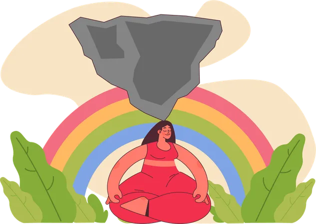 Mujer meditando pacíficamente con una enorme roca en la cabeza.  Ilustración