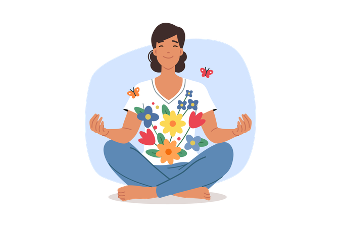 Mujer meditando sentada en posición de loto  Ilustración