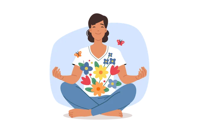 Mujer meditando sentada en posición de loto  Ilustración