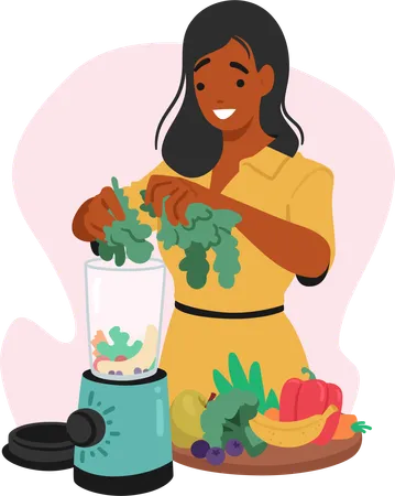 Mujer mezcla expertamente ingredientes nutritivos de origen vegetal en una licuadora  Ilustración